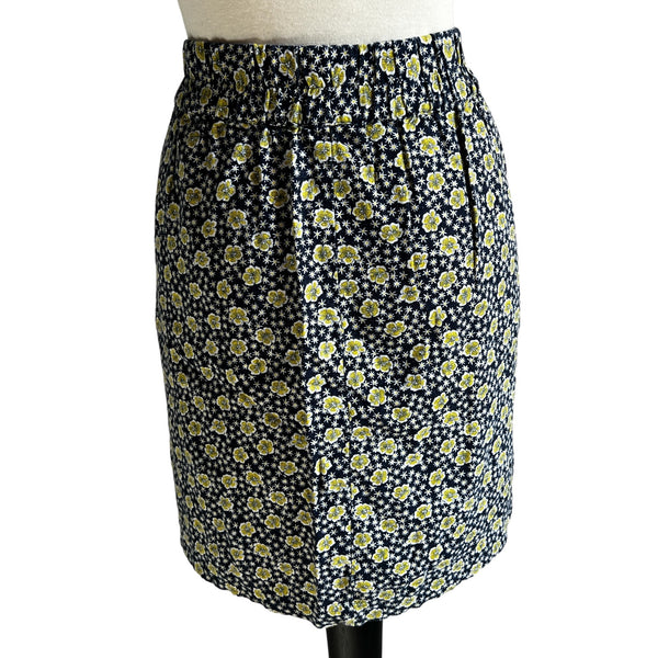 Loft Outlet Navy Blue & Yellow LInen Floral Mini Skirt Sz L Womens w/ Pockets